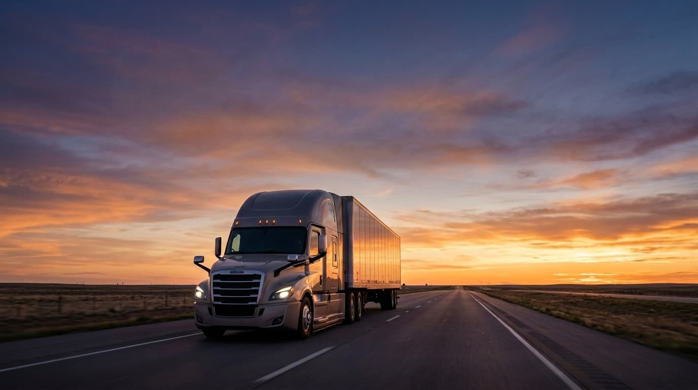 Route Rights Solution commercial freight truck on highway at sunset