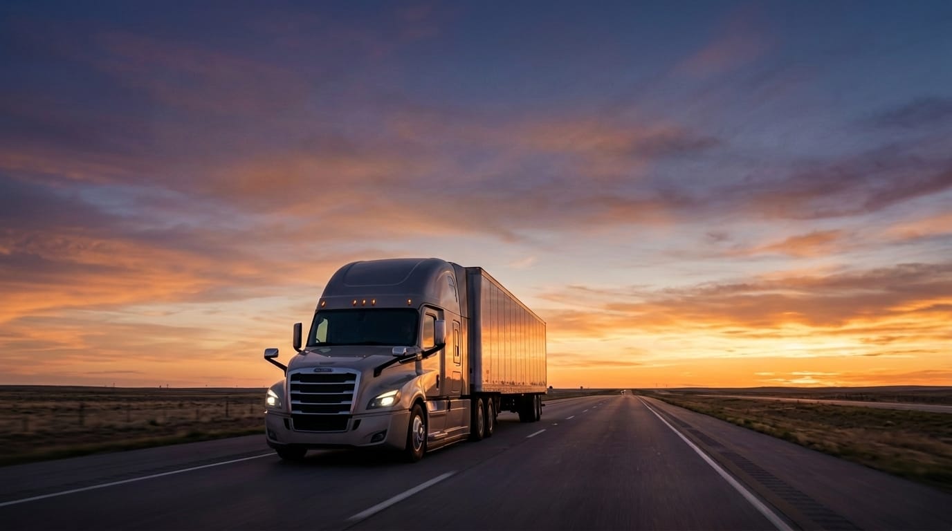 Route Rights Solution commercial freight truck on highway at sunset