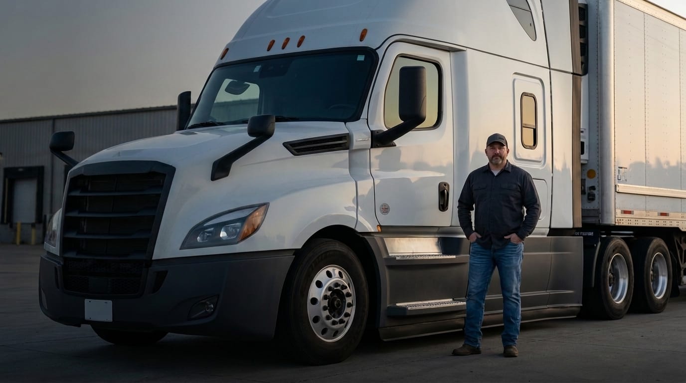 Route Right Solutions commercial truck driver standing beside modern white freight cab